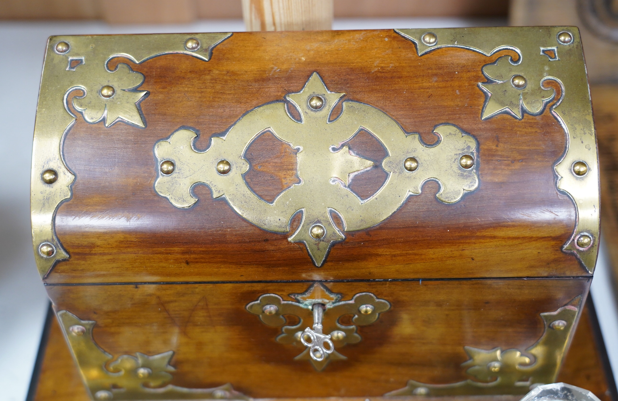 A 19th century brass mounted walnut desk stand, 27cm tall. Condition - fair